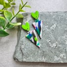 Zingy Lime Green and Stretch Multicoloured Polymer clay Triangle Earrings 