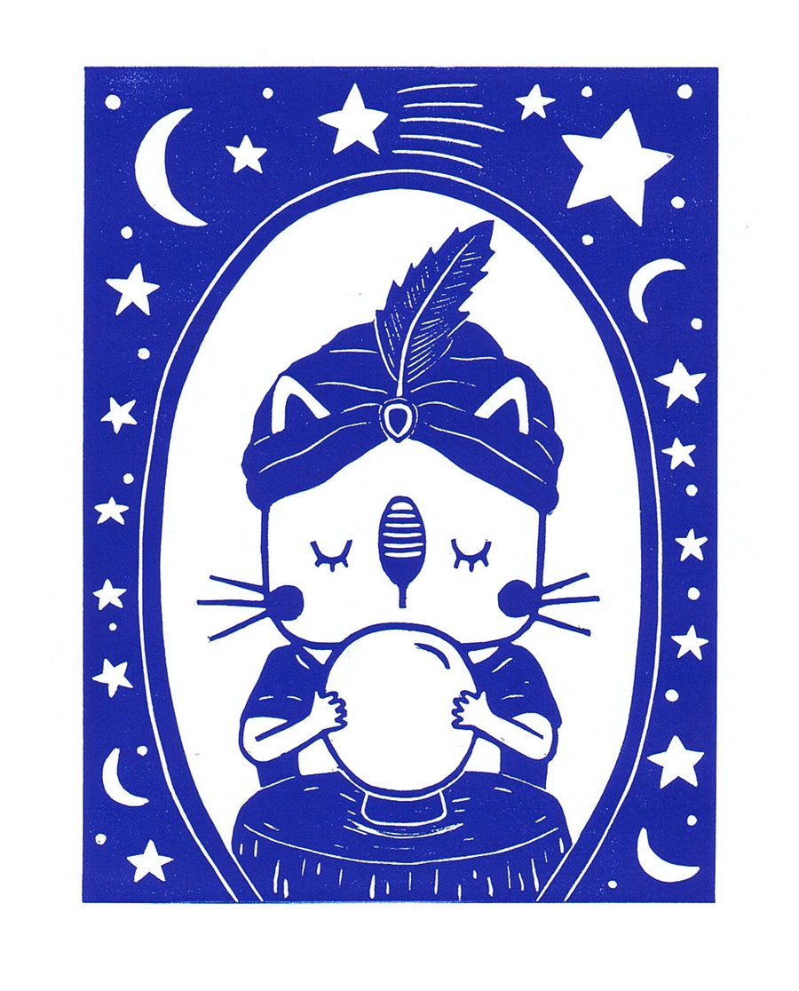 Lino Print - Clairvoyant Cat