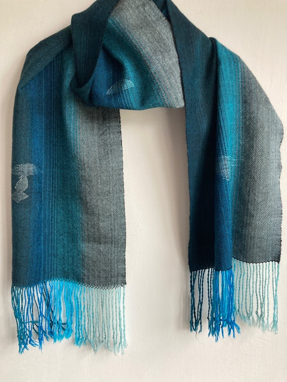 Deep Blue Sea Handwoven Herringbone Merino and Silk Scarf