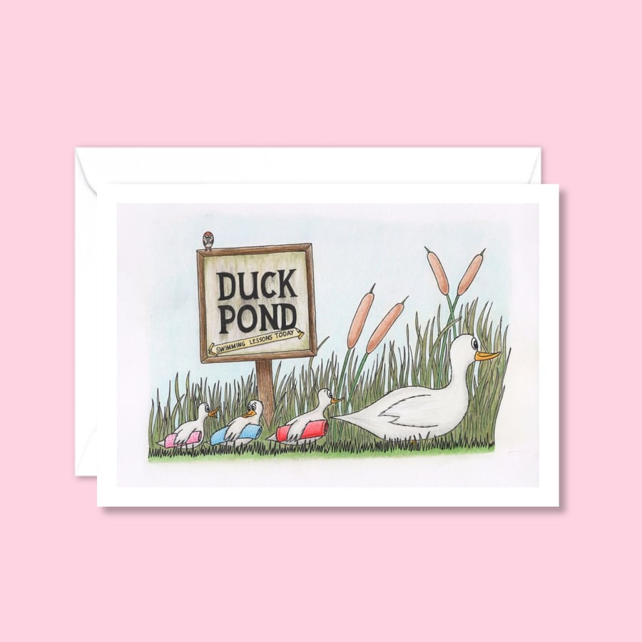 Cute Ducks Greeting Card: Pencil Illustration of a Duck Family Outing (213)