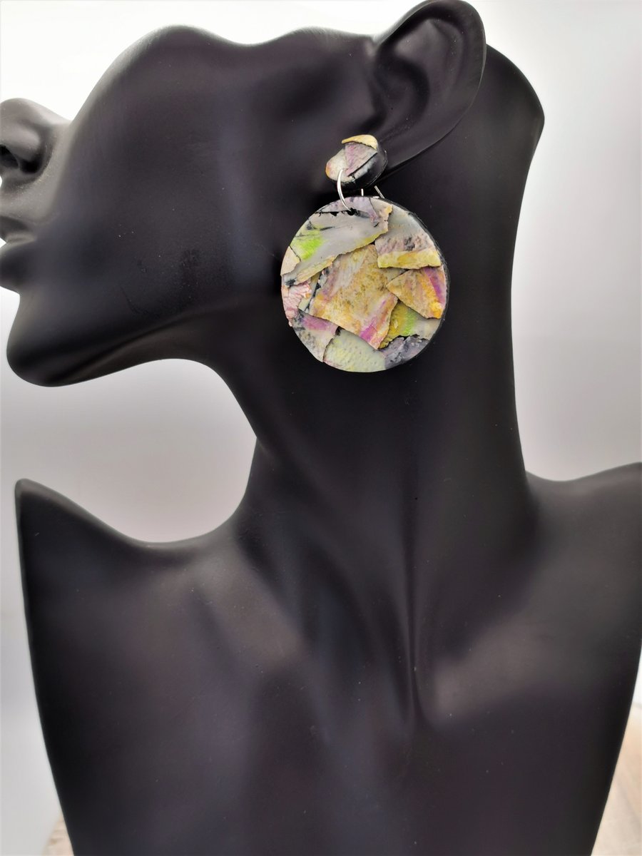 Unusual Disc Earrings, Layered Collage Pattern