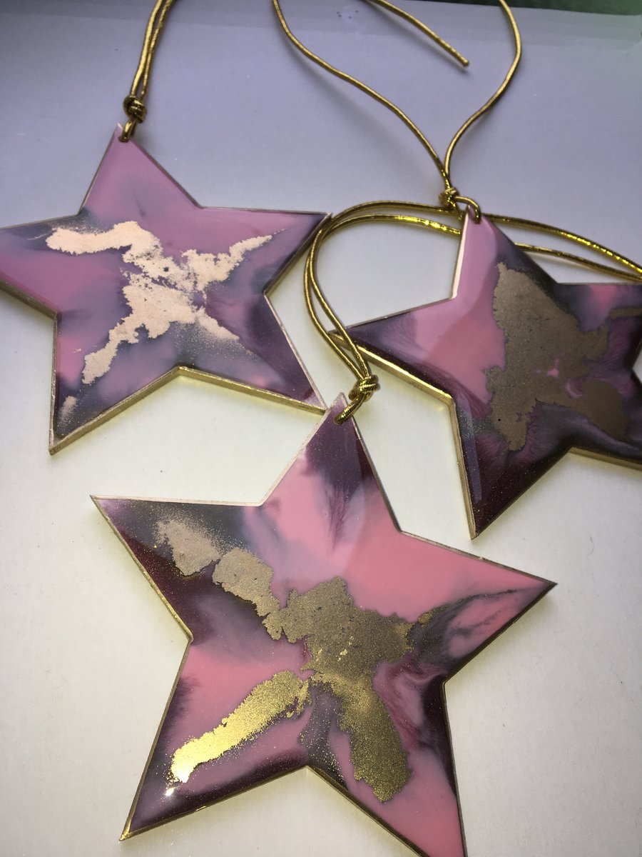 Christmas ornaments, Christmas decoration, stars, pink and gold set of 3, 