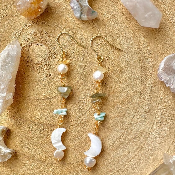Moon & Pearl Larimar gold boho earring,Labradorite, citrine, freshwater pearl, 