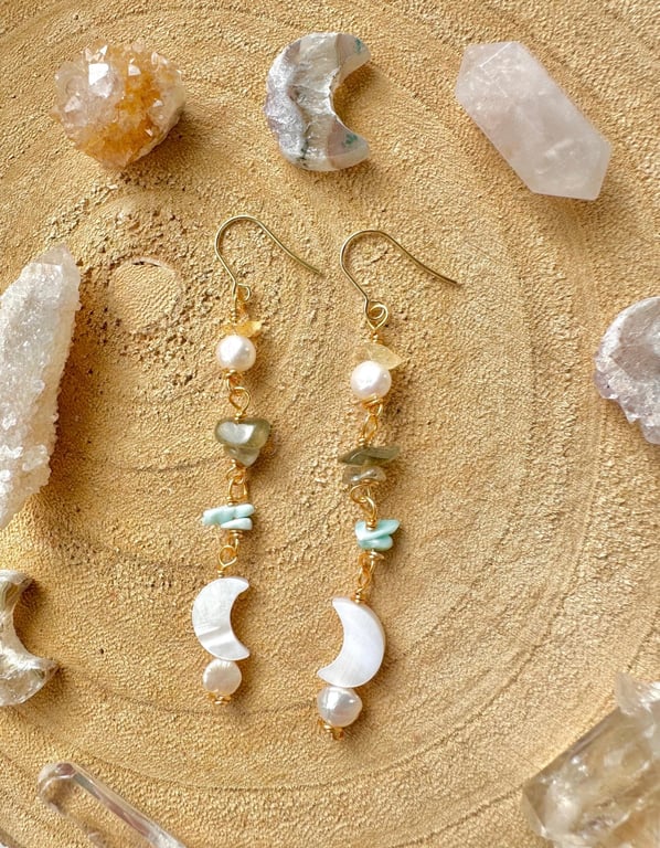 Moon & Pearl Larimar gold boho earring,Labradorite, citrine, freshwater pearl, 