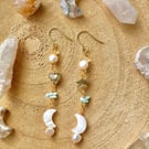 Moon & Pearl Larimar gold boho earring,Labradorite, citrine, freshwater pearl, 
