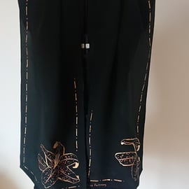 Long black silk handpainted scarf with gold lily, a one off