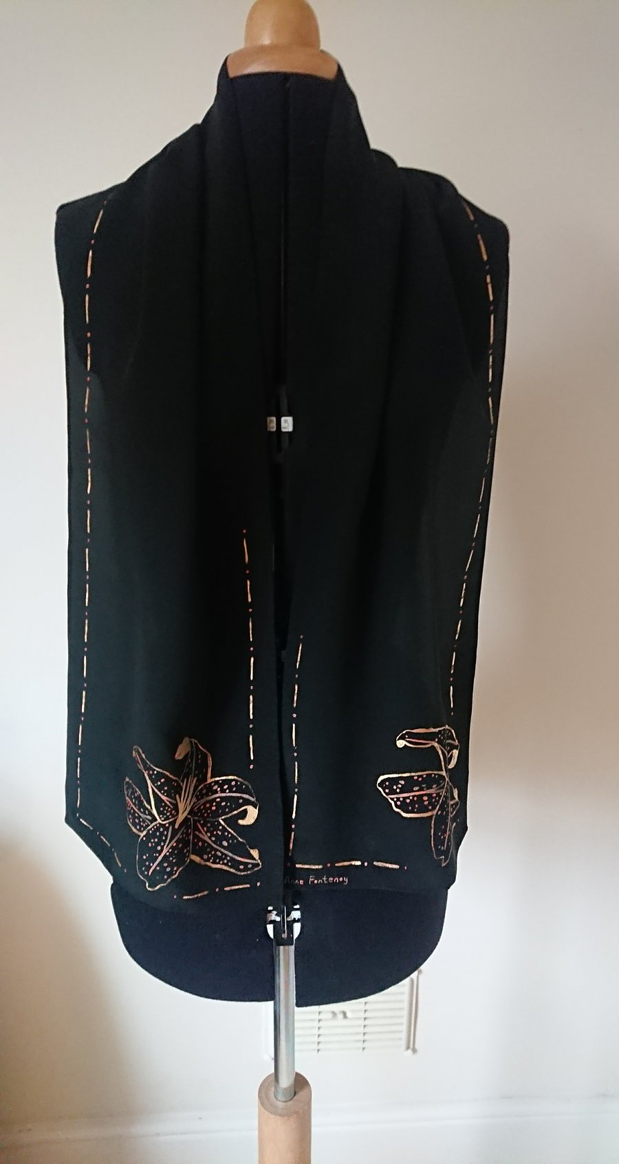 Long black silk handpainted scarf with gold lily, a one off