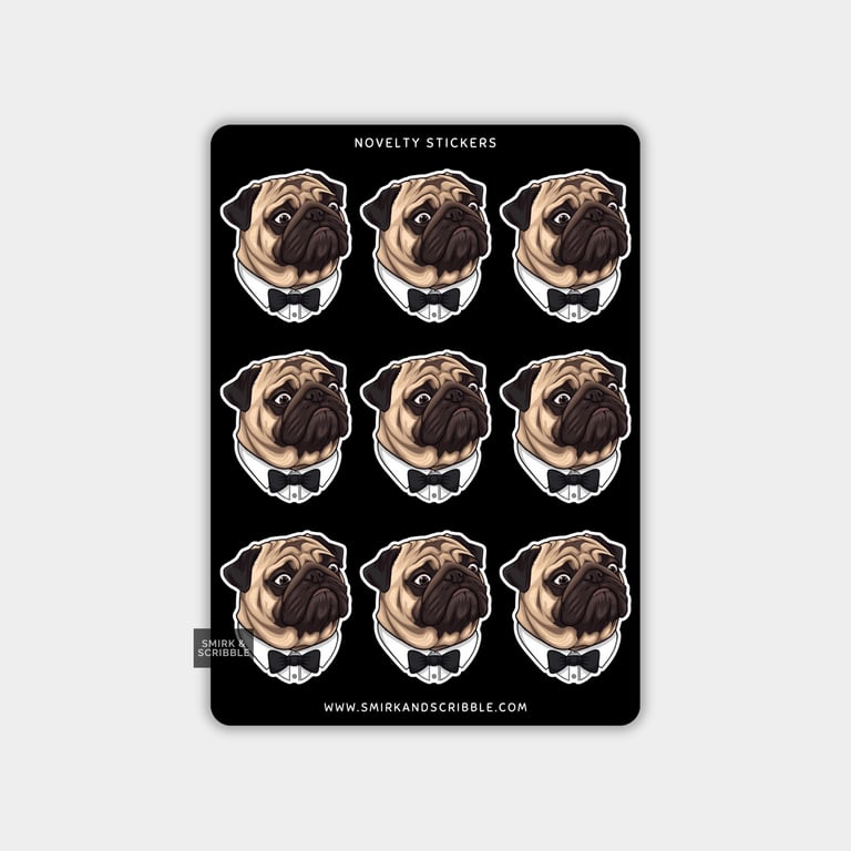 Funny Vinyl Sticker Sheet For Adults - Pug With Bow Tie