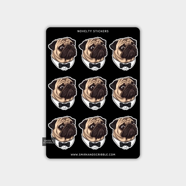 Funny Vinyl Sticker Sheet For Adults - Pug With Bow Tie
