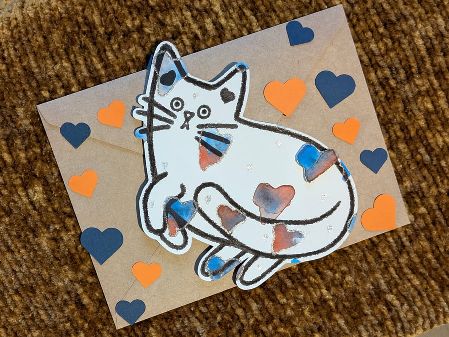 Cat card hand painted watercolour shaped greeting card love hearts 5