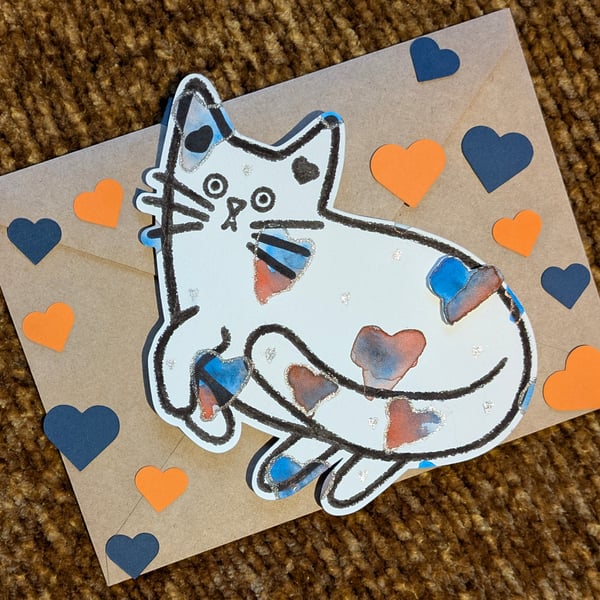 Valentines Cat card hand painted watercolour shaped greeting card love hearts 5