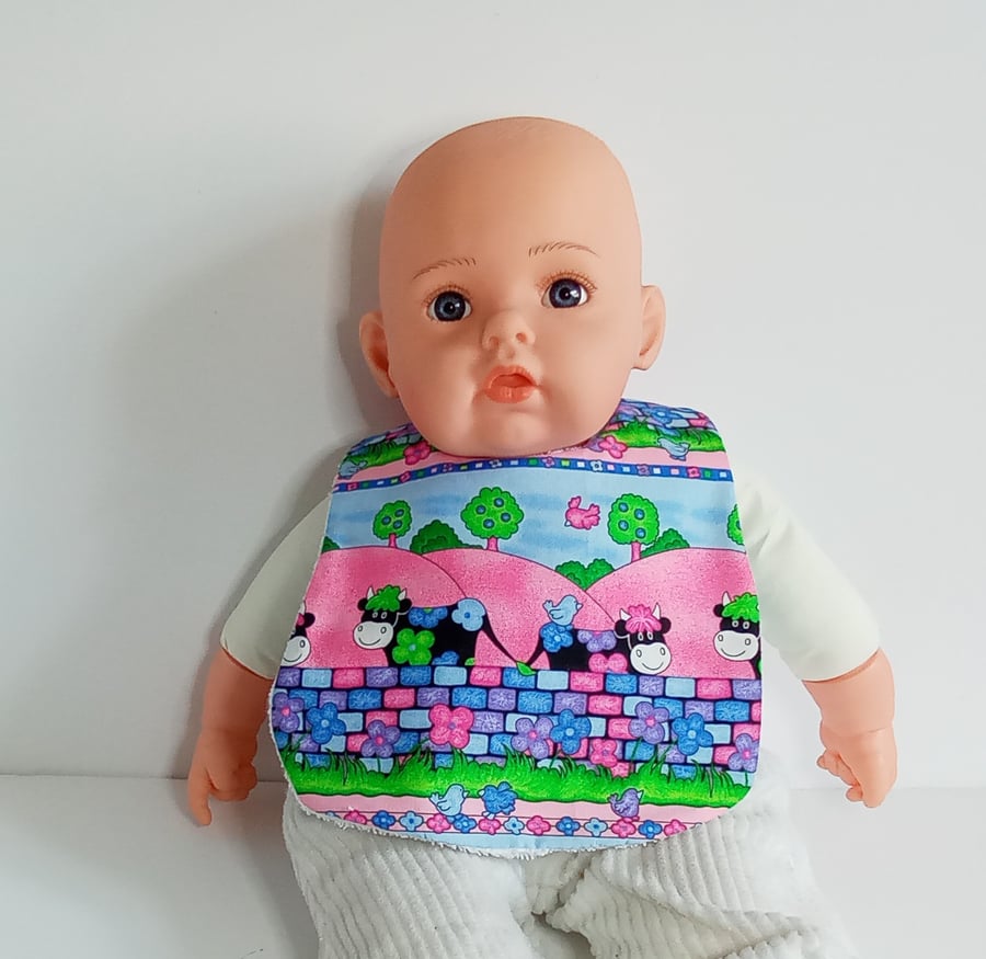 Babies Bib for newborn with Cows and birds, unique ooak baby shower gift