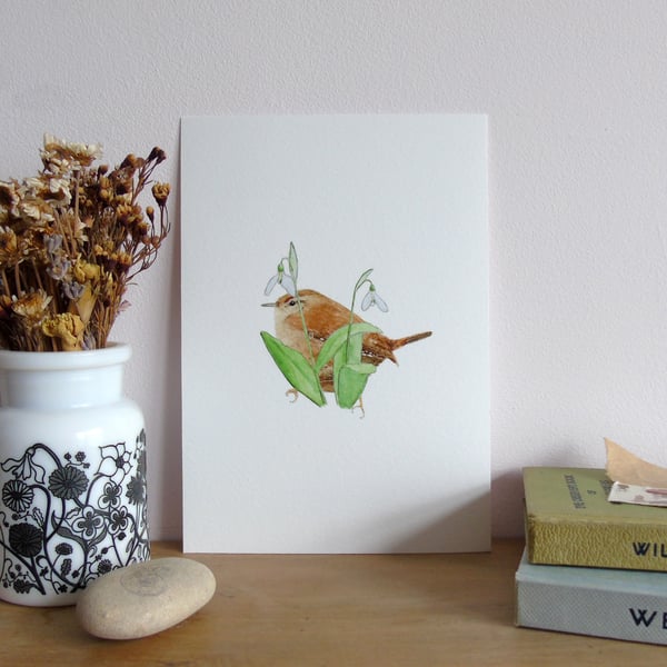 Wren and Snowdrops  A5 Giclée Fine Art Print