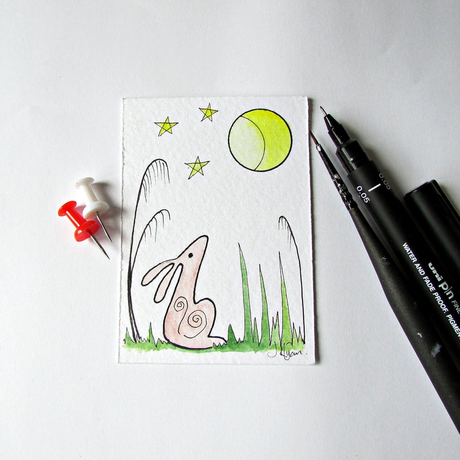 Original ACEO, Moon Gazing Hare, Small Art, Illustration