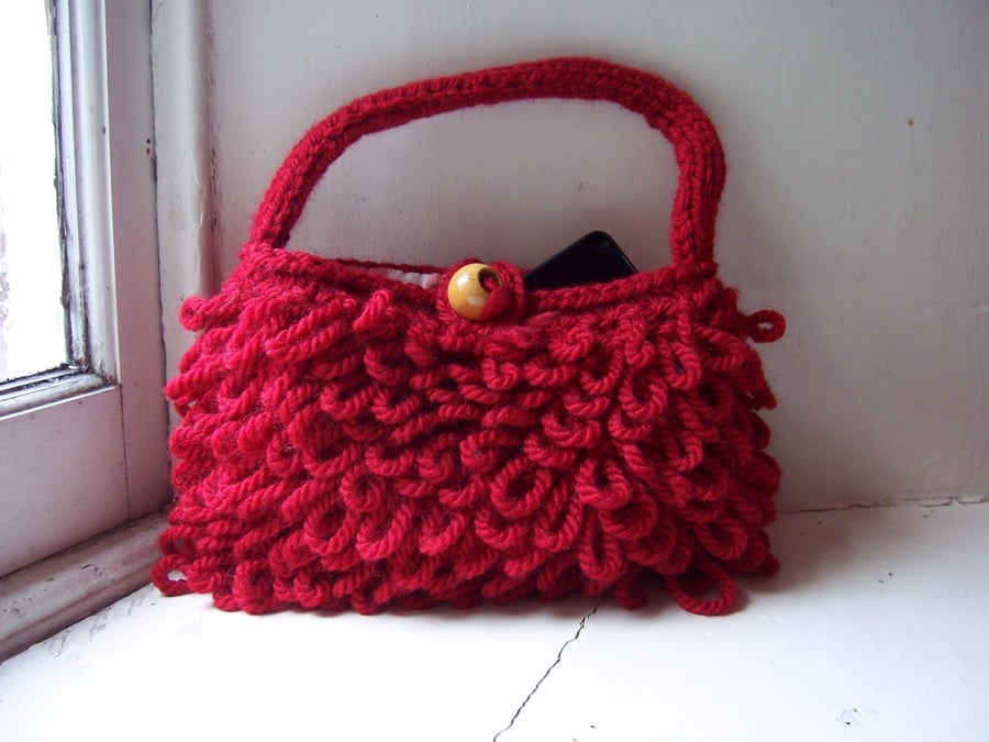 Red hand knitted handbag, loopy stitch - Poppy