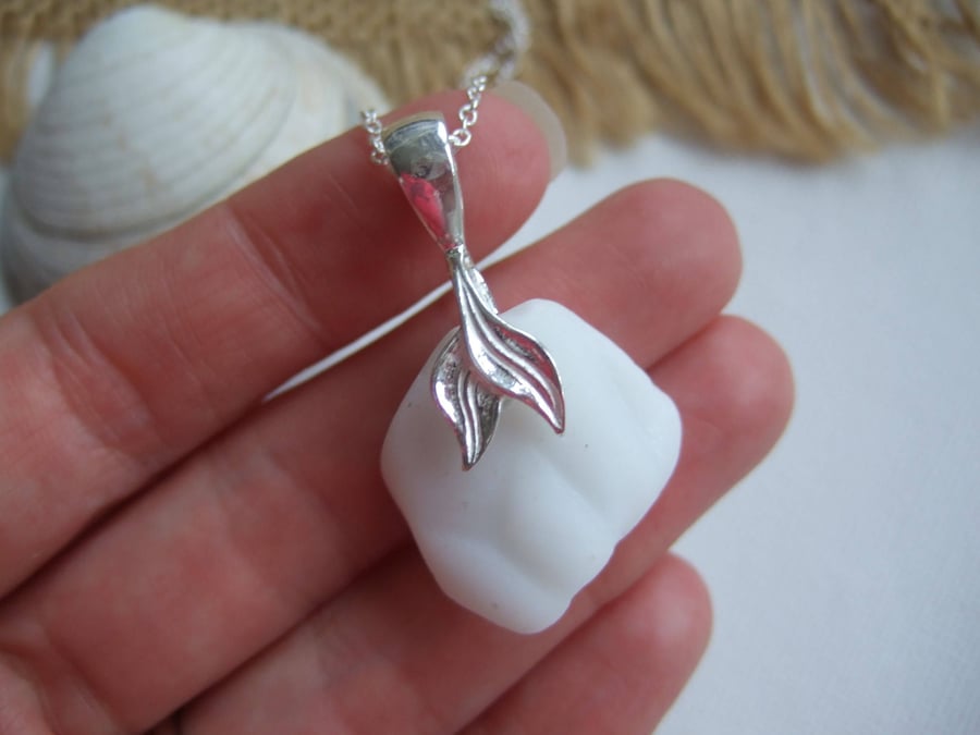 Scottish white milk sea glass pendant on sterling bail, wave shaped necklace