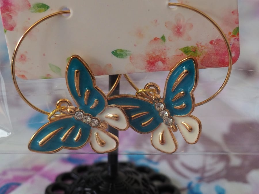 Large Gold Hoop Earrings with Green and White Butterfly Charms