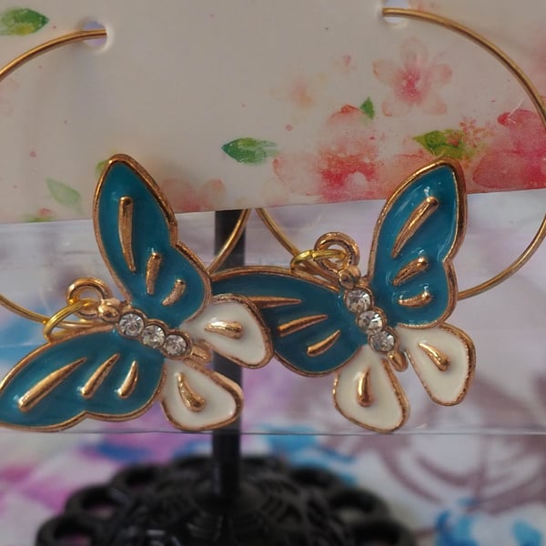 Large Gold Hoop Earrings with Green and White Butterfly Charms