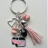 Keyring Black Pink Bead Painted Enamel Silver Camper Van Tassel KCJ1738