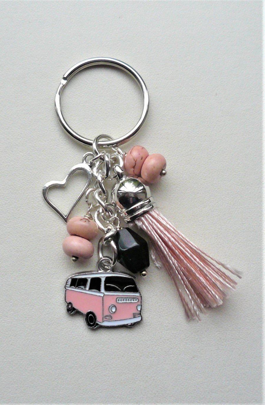 Keyring Black Pink Bead Painted Enamel Silver Camper Van Tassel KCJ1738