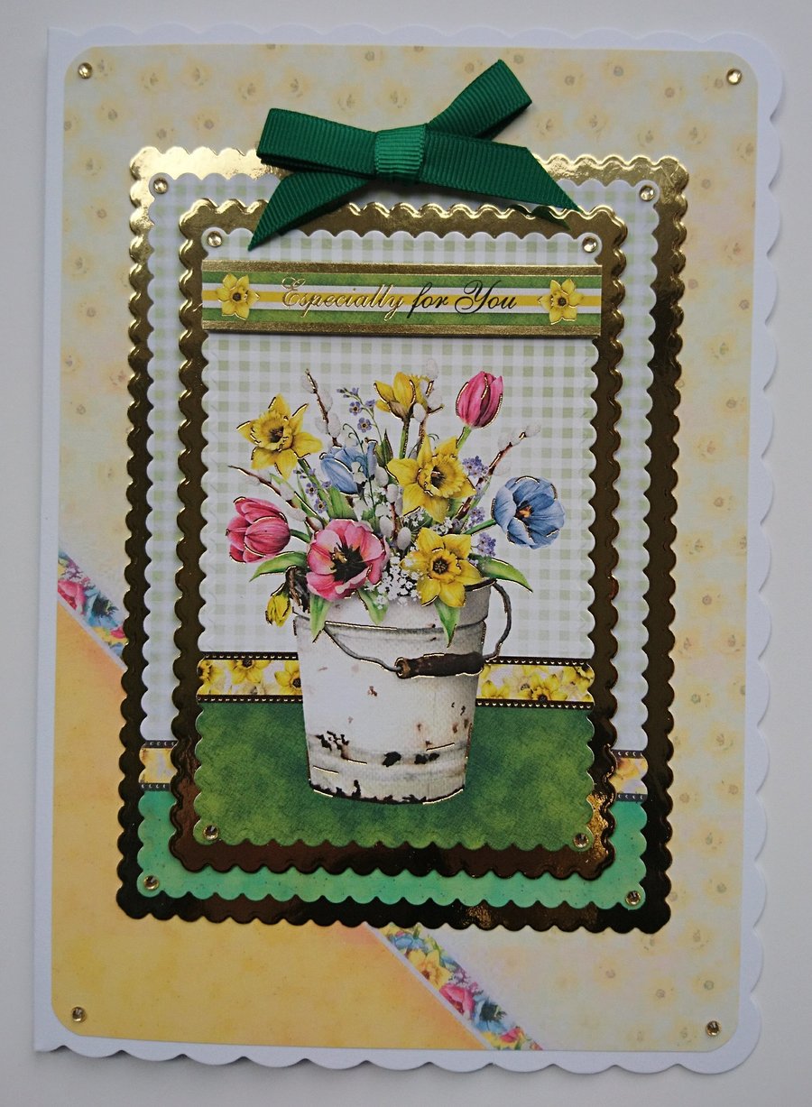 Birthday Card Especially for You Bucket of Spring Flowers 3D Luxury Handmade