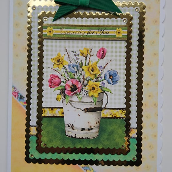Birthday Card Especially for You Bucket of Spring Flowers 3D Luxury Handmade