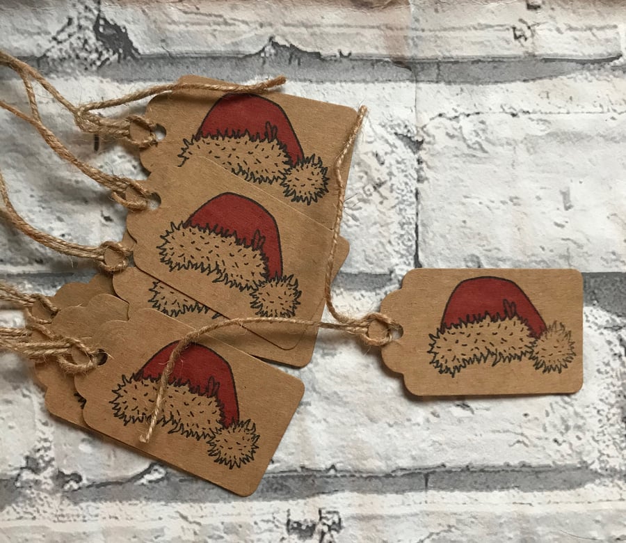 10 x handmade and hand stamped Santa Hat gift tags 