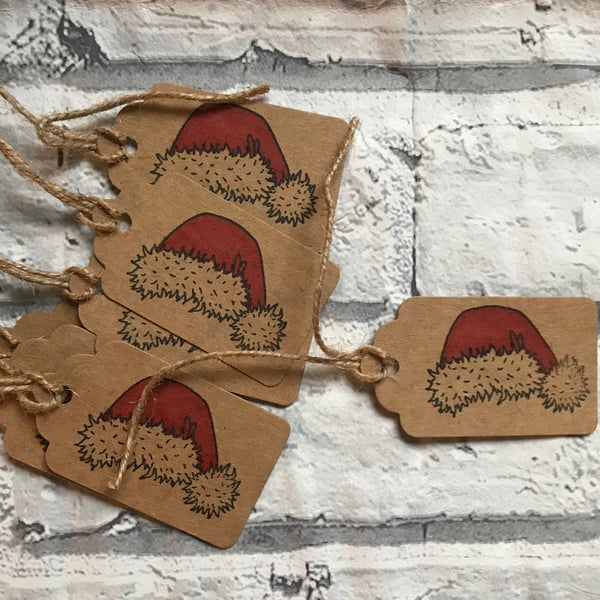 10 x handmade and hand stamped Santa Hat gift tags 