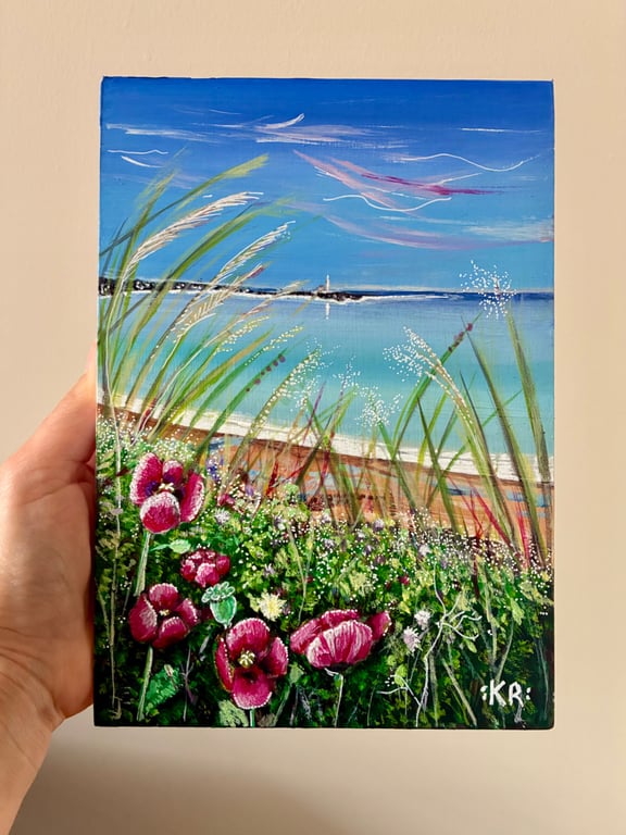 Poppy Seascape, Whitley Bay. Acrylic Painting on A5 wood panel.
