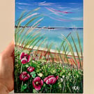 Poppy Seascape, Whitley Bay. Acrylic Painting on A5 wood panel.