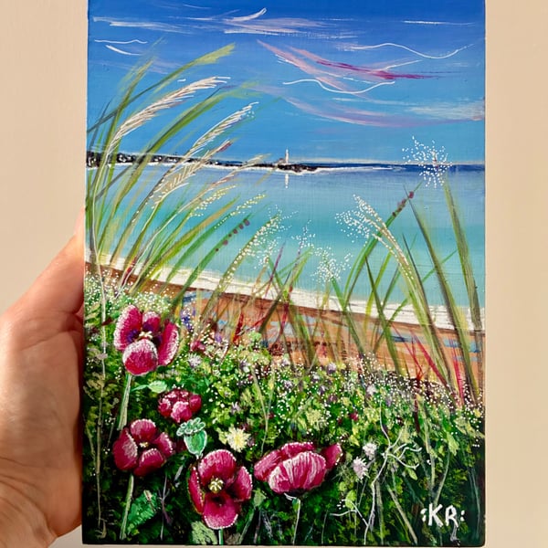 Poppy Seascape, Whitley Bay. Acrylic Painting on A5 wood panel.