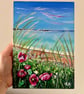 Poppy Seascape, Whitley Bay. Acrylic Painting on A5 wood panel.