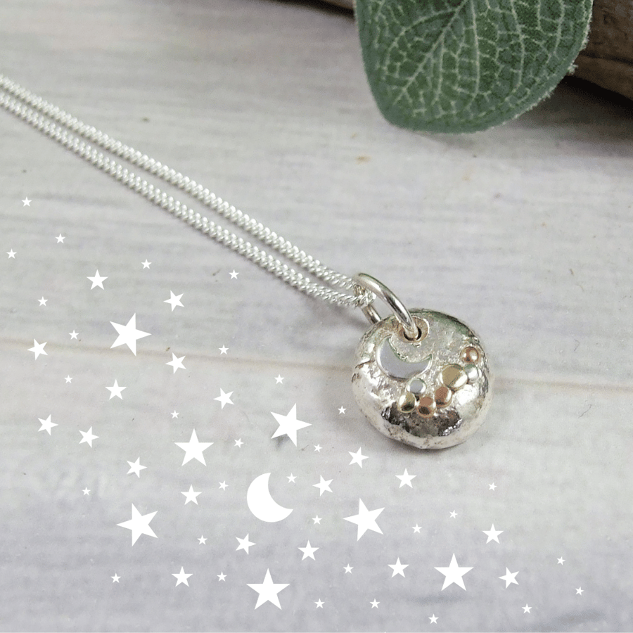 Silver Pebble Necklace with Moon and Copper and Brass Accents