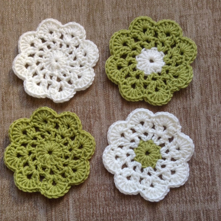 Crocheted Flower Coasters in Green and Cream