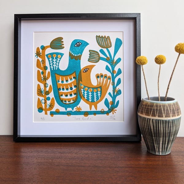 Two Birds in Teal - Original Lino Print