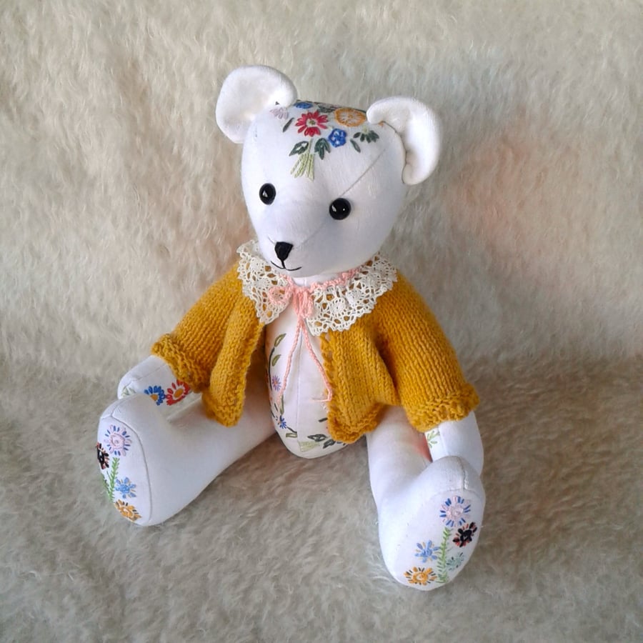 Collector's jointed teddy bear 'Flora' made from vintage embroidered tablecloths