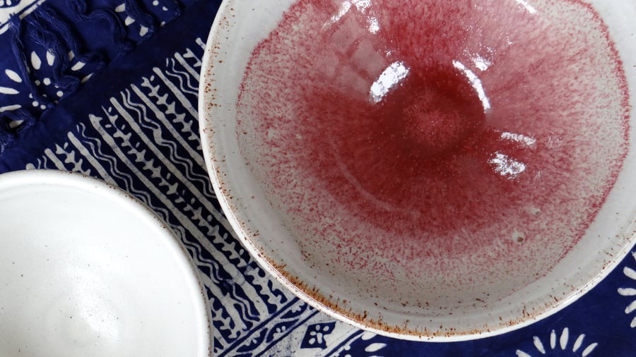 Stoneware bowl in cerise and white - handmade pottery