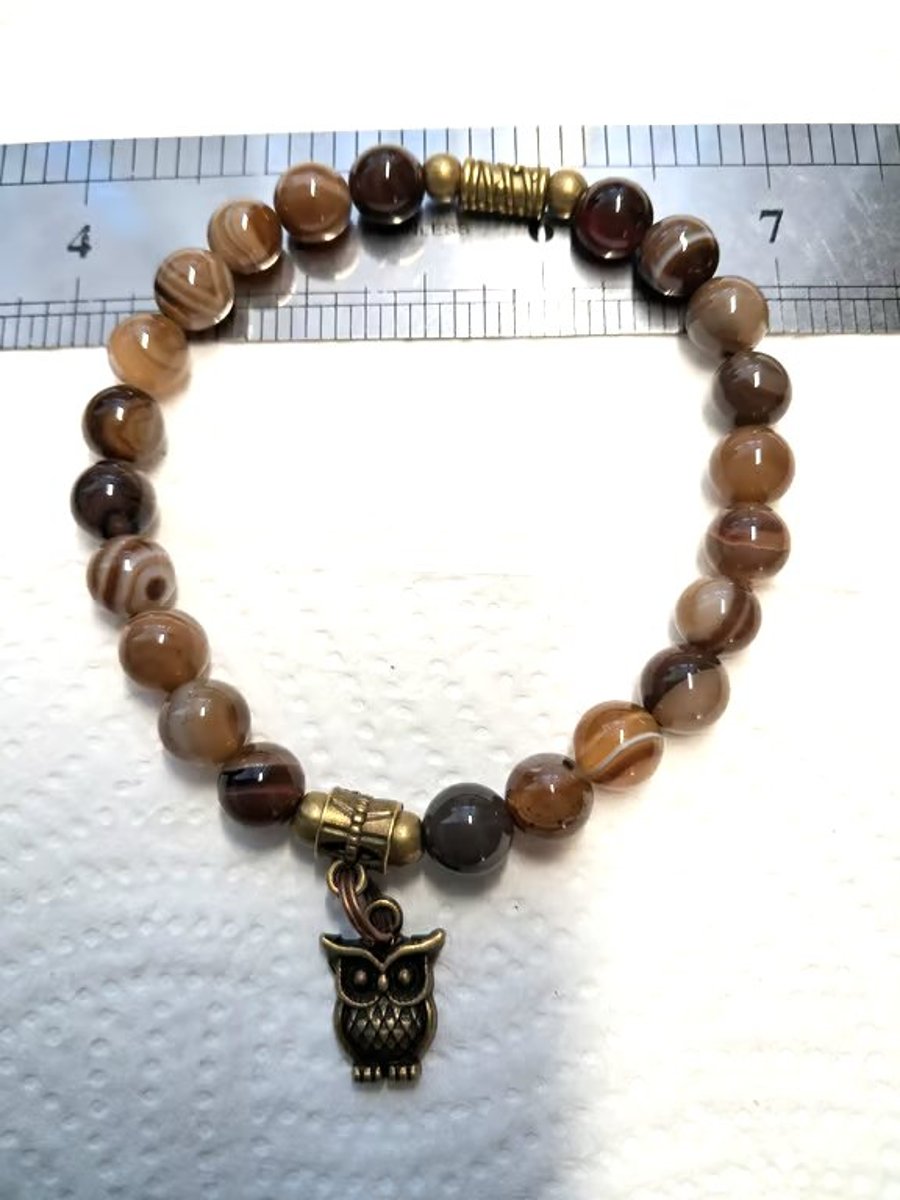Natural Agate  Owl Stretch Bracelet 