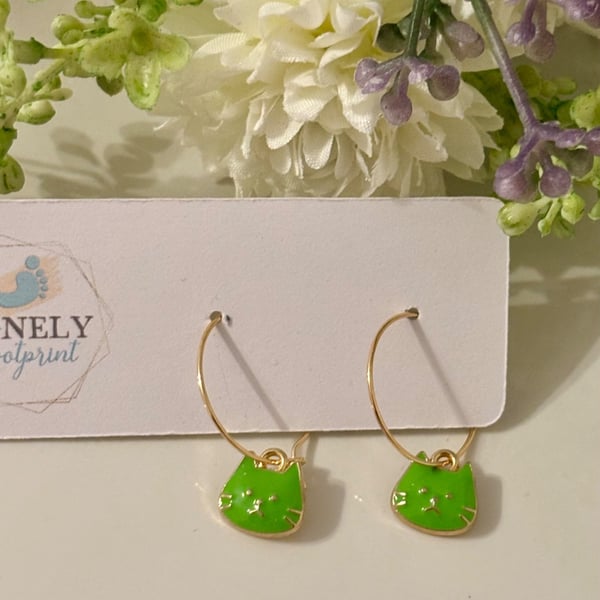Green Enamel Cat Hoop Earrings, Charm Earrings, Handmade Jewellery 