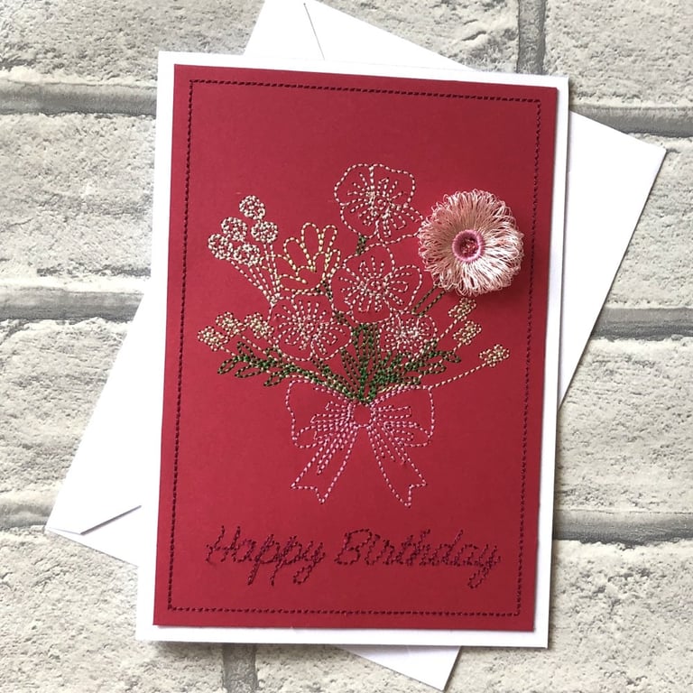 Happy Birthday bouquet with a Fluffy Flower 5x7  White Card Handmade Embroidered