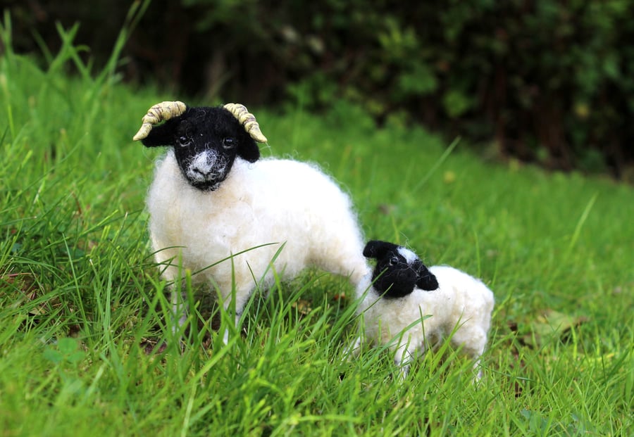 Needle Felted Scottish Blackface Sheep and Lamb