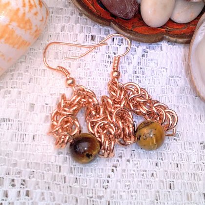 Rose Gold Byzantine Chain Maille and Tigers Eye Earrings, Gift for Her