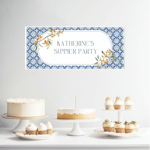 Personalised Birthday Banner Blue Tiles and Oranges, Wall Party Decor 