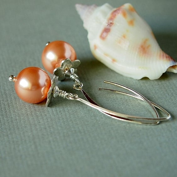 Peach Pearl Earrings -  Sterling Silver
