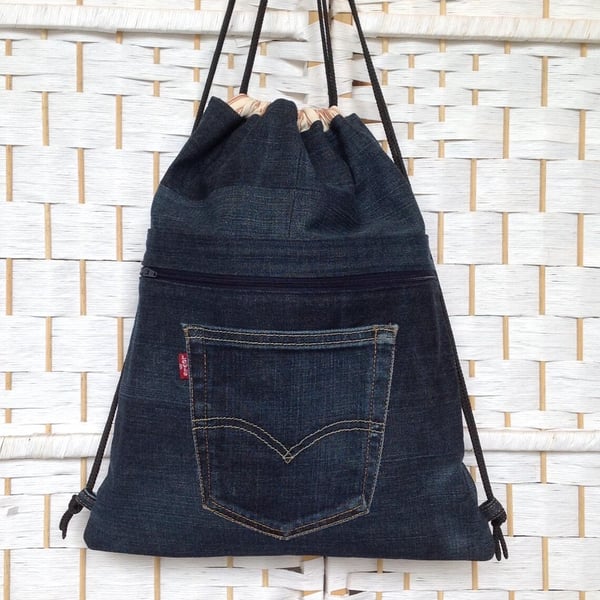 Recycled denim drawsring backpack, sustainable bag
