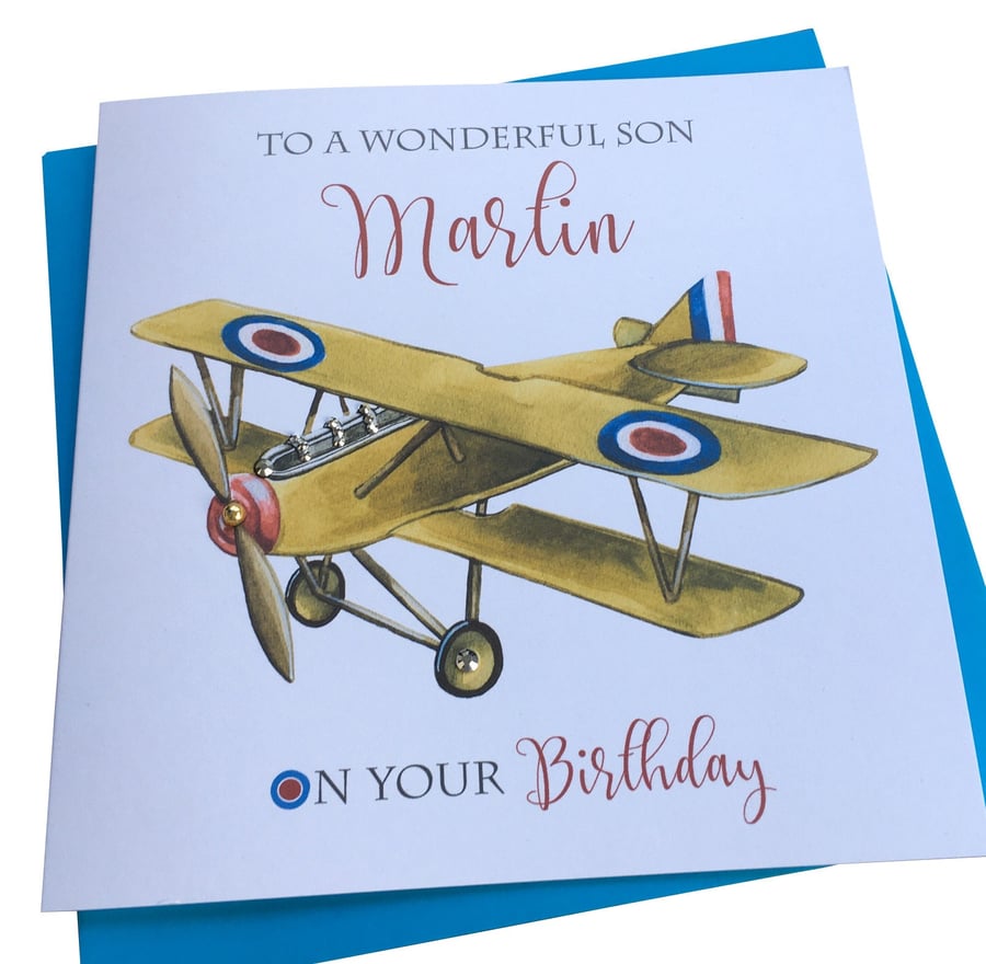 Personalised Handmade Vintage Bi-plane Birthday Card- dad-uncle-brother-nephew-f