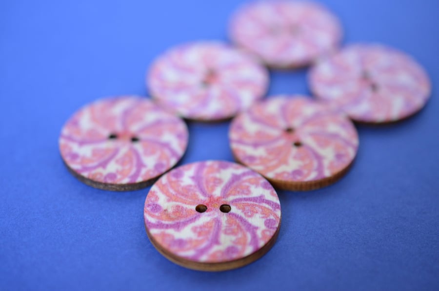 Wooden Mandala Patterned Buttons Pink Natural 6pk 25mm (M21)