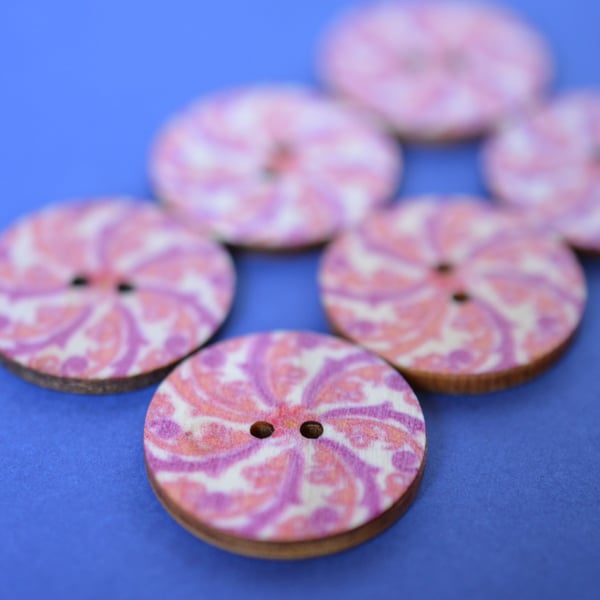 Wooden Mandala Patterned Buttons Pink Natural 6pk 25mm (M21)