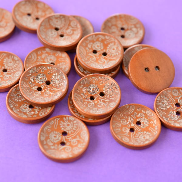 Natural Wooden Floral Pattern Buttons 6pk 25mm (MBR1)