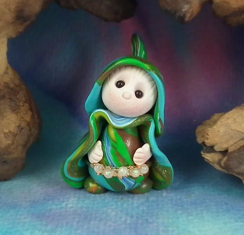 Tiny Garden Gnome 'Tandy' with jewelled belt OOAK Sculpt Ann Galvin